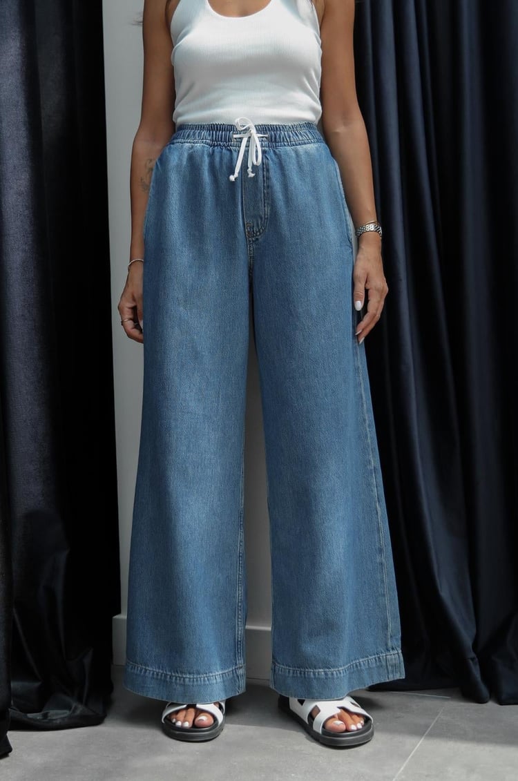 Mavi Bel Bağcıklı Wide Leg Jean