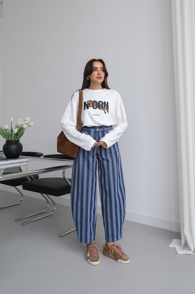 Mavi Blok Çizgili Tapered Fit Jean