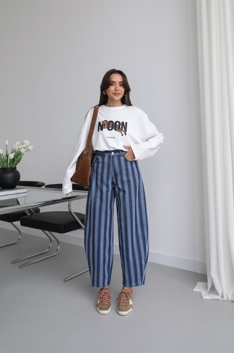 Mavi Blok Çizgili Tapered Fit Jean