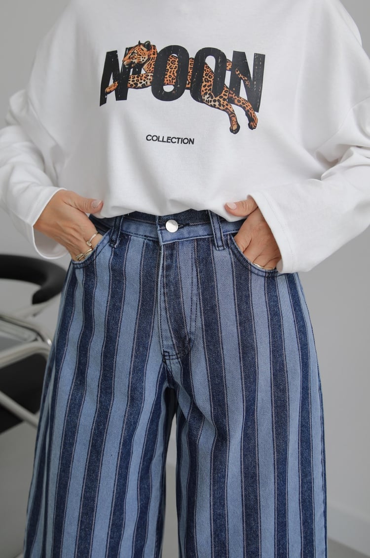 Mavi Blok Çizgili Tapered Fit Jean