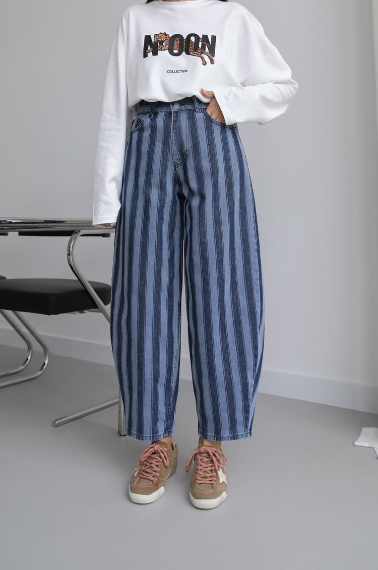 Mavi Blok Çizgili Tapered Fit Jean