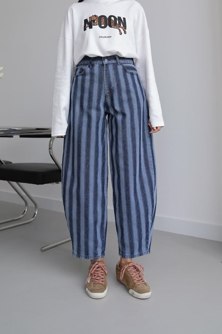 Mavi Blok Çizgili Tapered Fit Jean