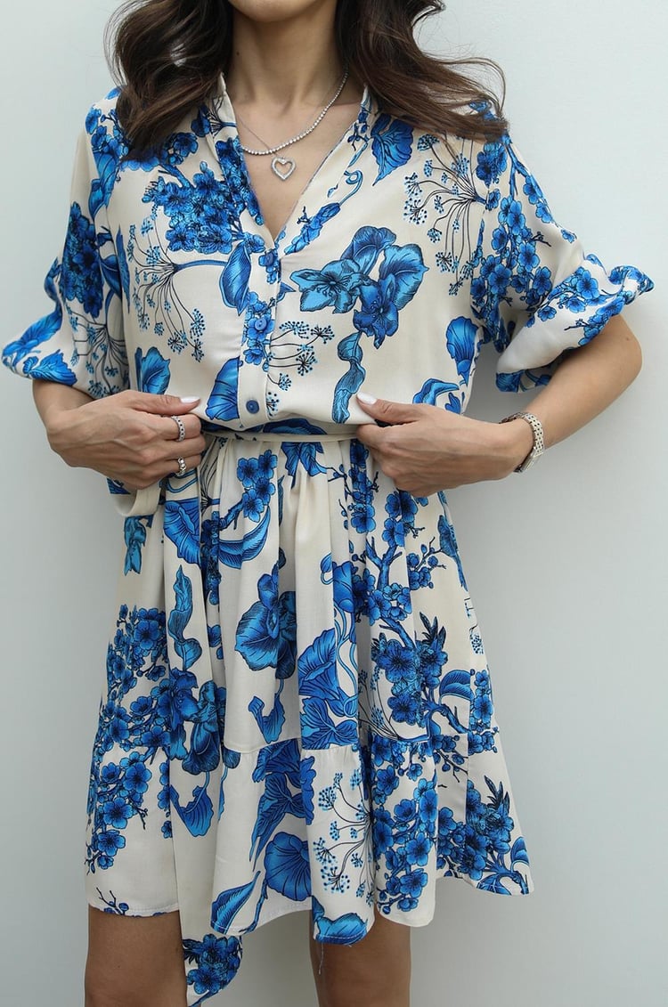 Mavi Butchart Desenli Kuşaklı Elbise