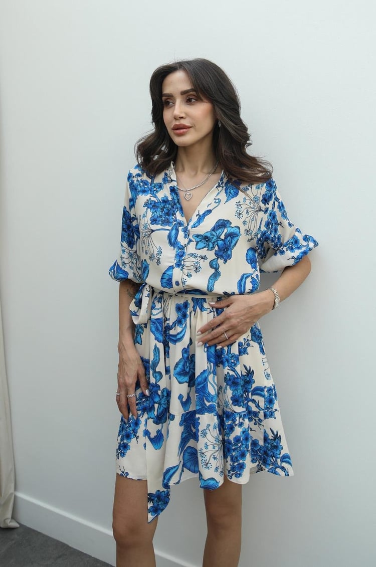 Mavi Butchart Desenli Kuşaklı Elbise