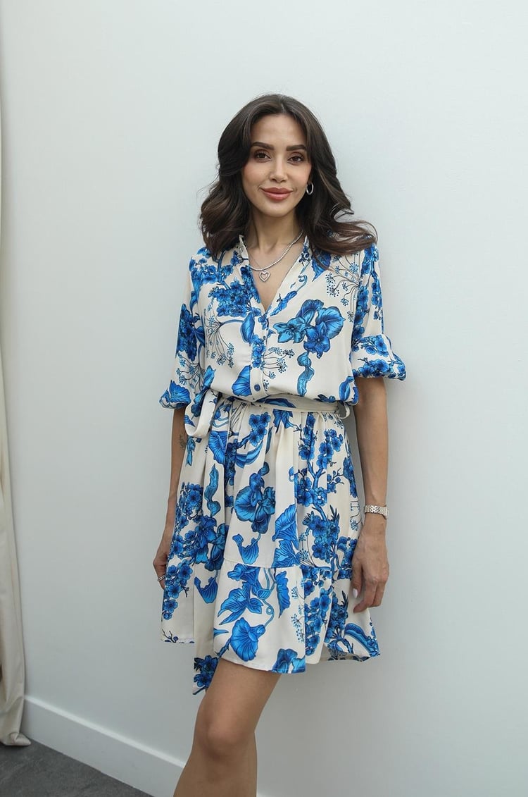 Mavi Butchart Desenli Kuşaklı Elbise