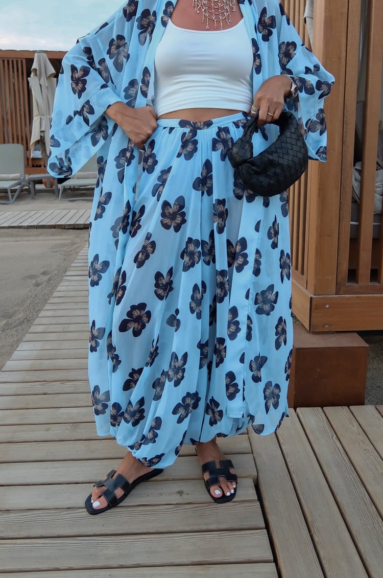 Mavi Çiçek Desenli Kimono Pantolon Takım