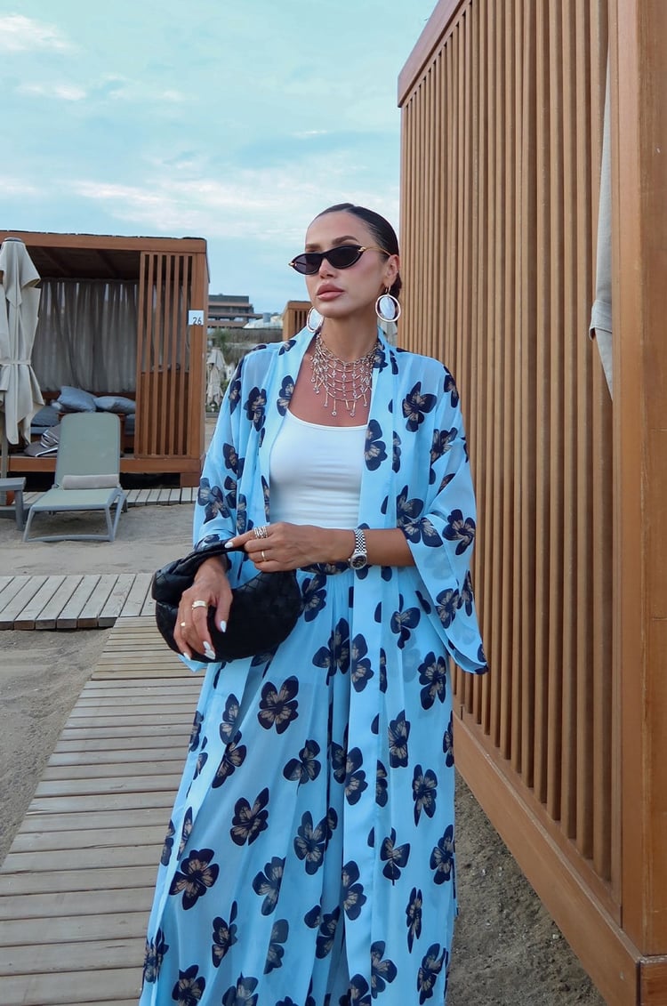 Mavi Çiçek Desenli Kimono Pantolon Takım