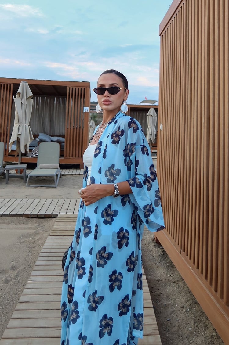 Mavi Çiçek Desenli Kimono Pantolon Takım