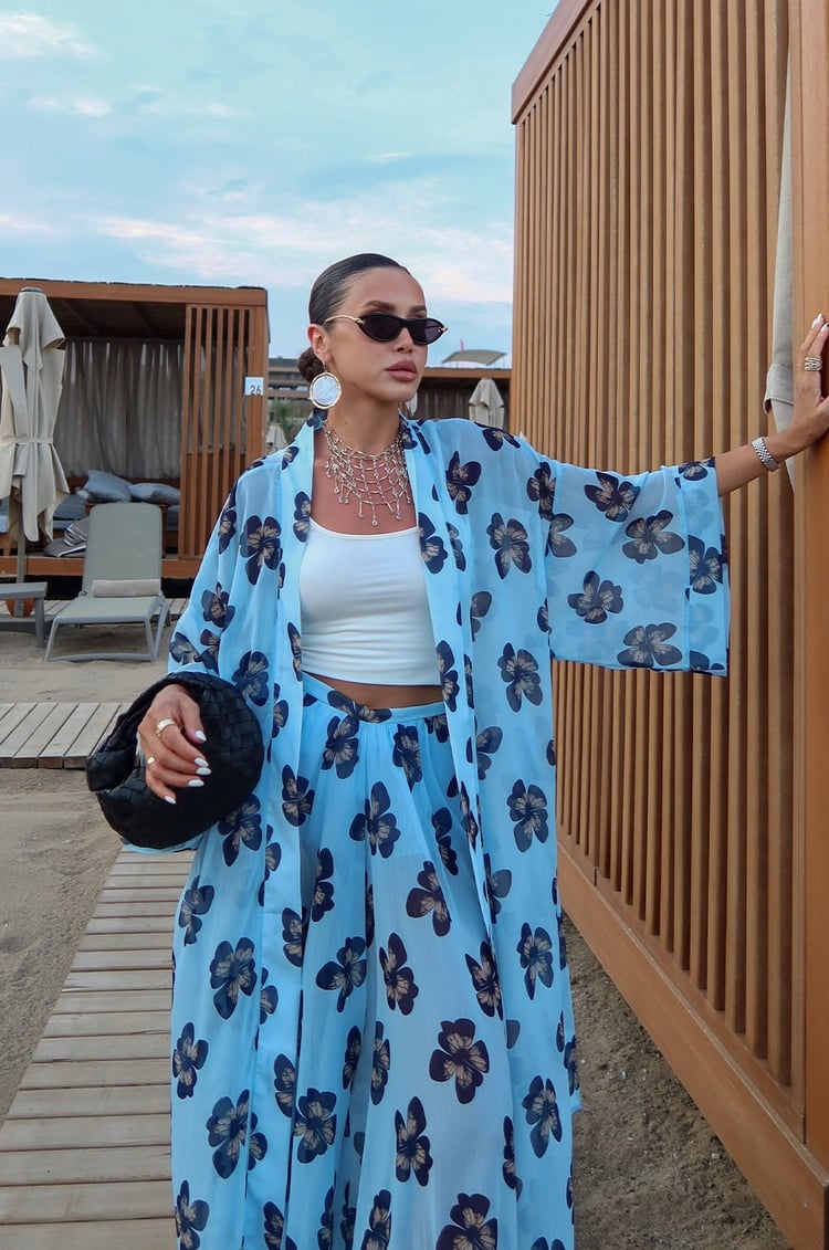 Mavi Çiçek Desenli Kimono Pantolon Takım