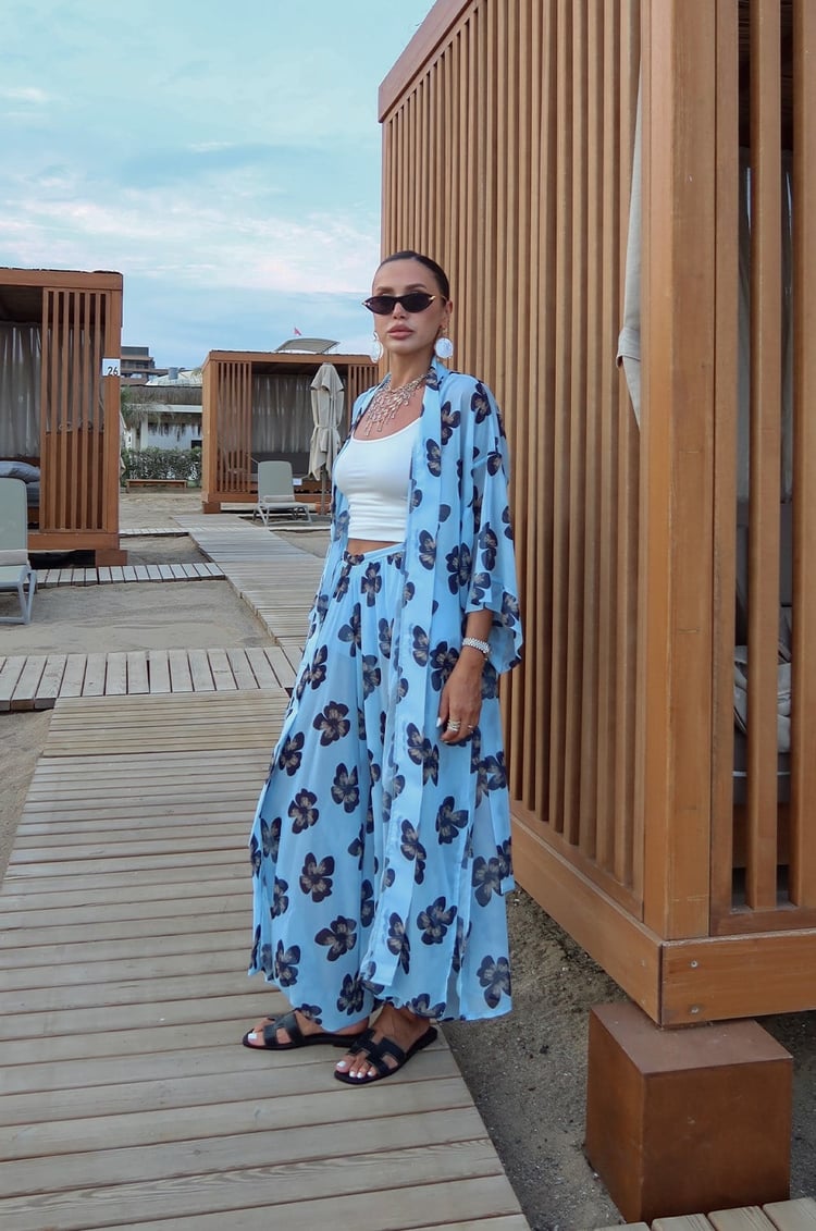 Mavi Çiçek Desenli Kimono Pantolon Takım