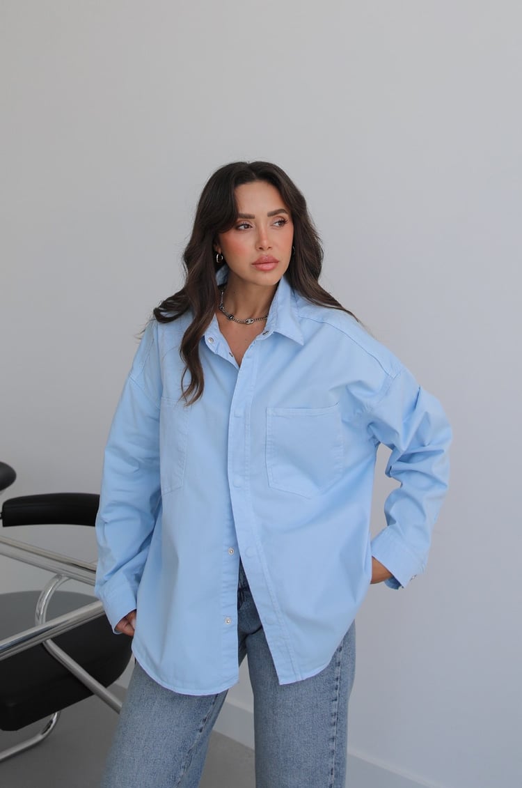 Mavi Çıtçıt Kapamalı Oversize Gömlek