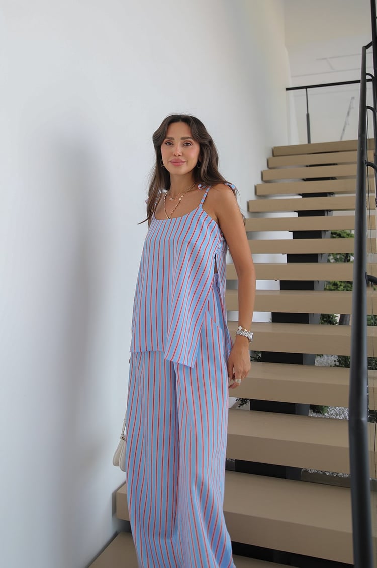 Mavi Çizgili Düğme Detaylı Bluz Pantolon Takım