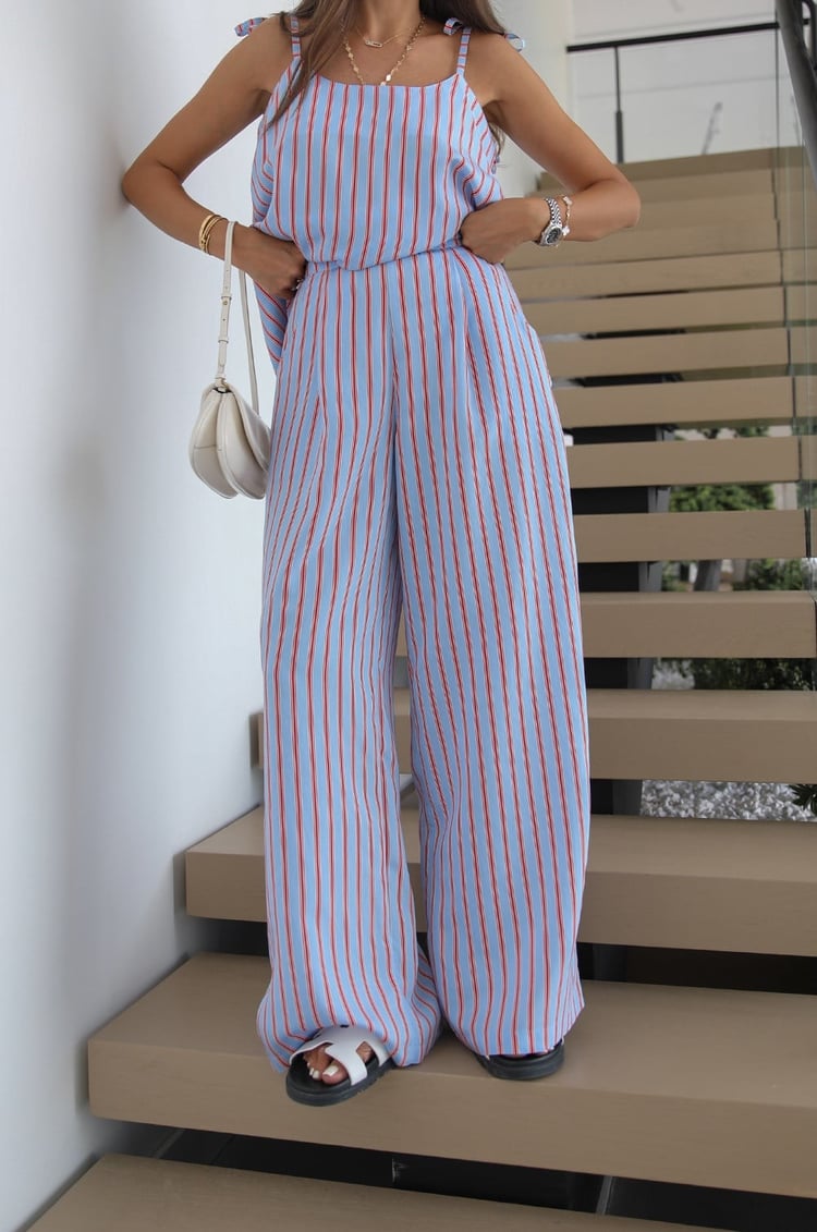 Mavi Çizgili Düğme Detaylı Bluz Pantolon Takım