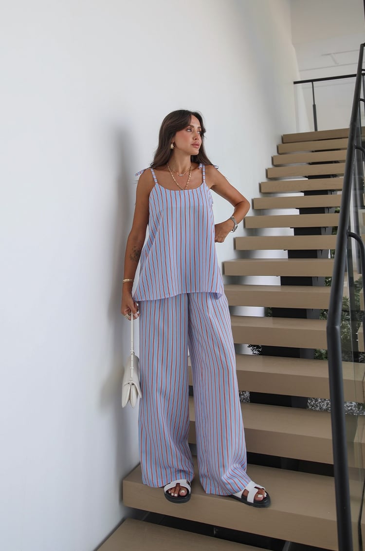Mavi Çizgili Düğme Detaylı Bluz Pantolon Takım