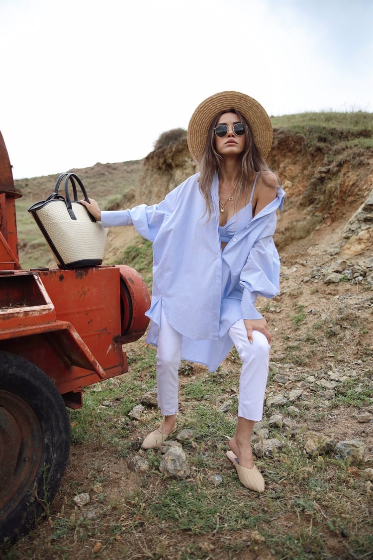 Mavi Çizgili Gömlek/Bralet Takım