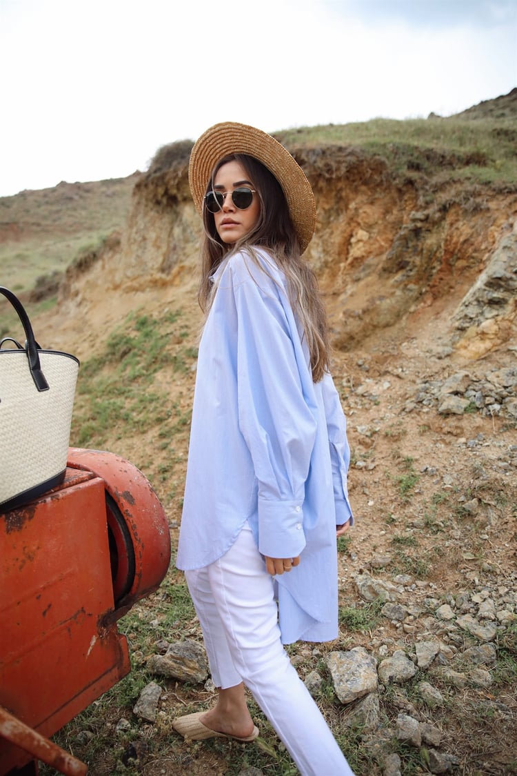 Mavi Çizgili Gömlek/Bralet Takım