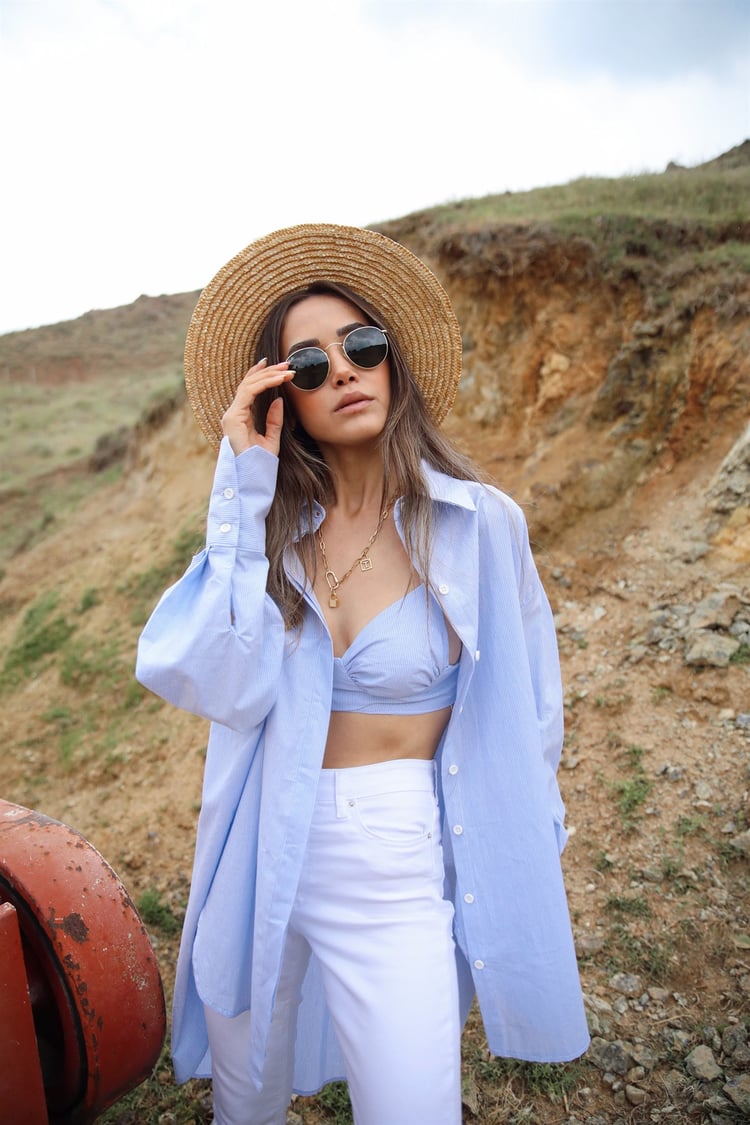Mavi Çizgili Gömlek/Bralet Takım