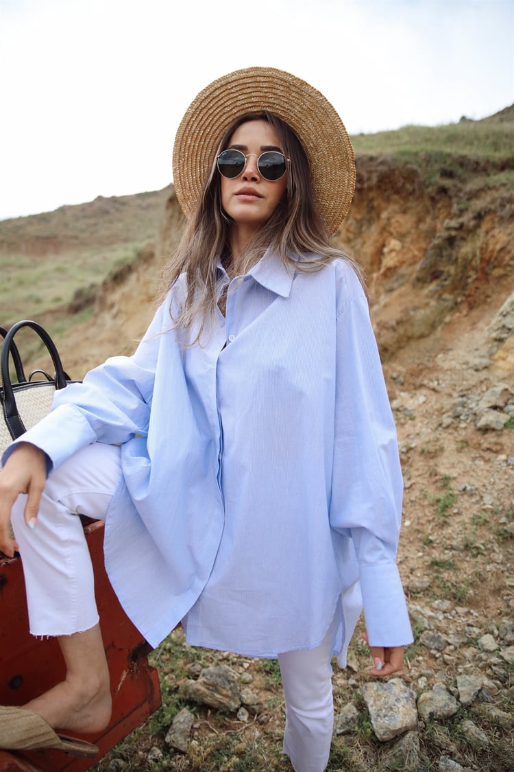 Mavi Çizgili Gömlek/Bralet Takım