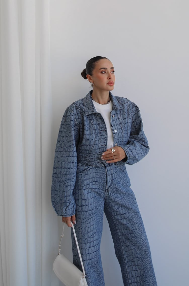 Mavi Croco Desenli Ceket Pantolon Takım