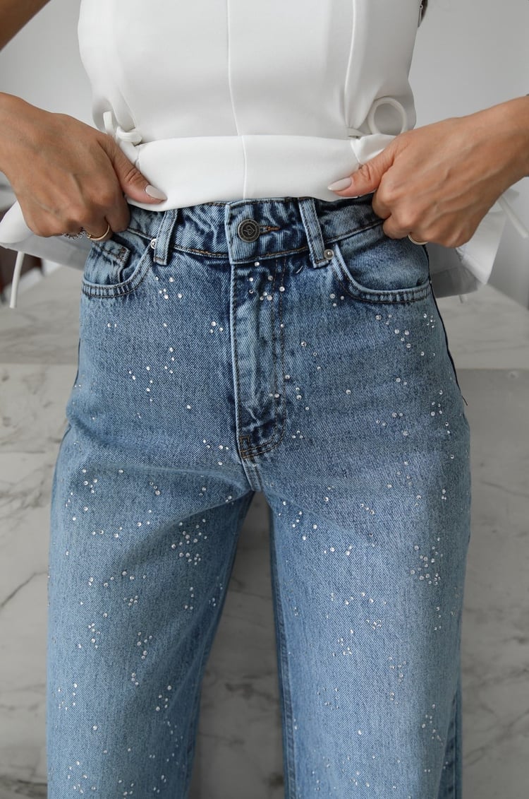 Mavi Dağınık Taşlı Wide Leg Jean