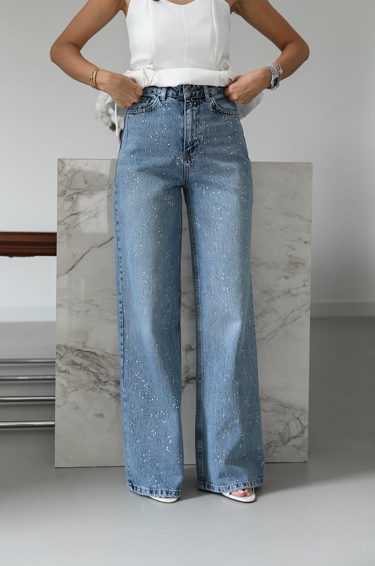 Mavi Dağınık Taşlı Wide Leg Jean