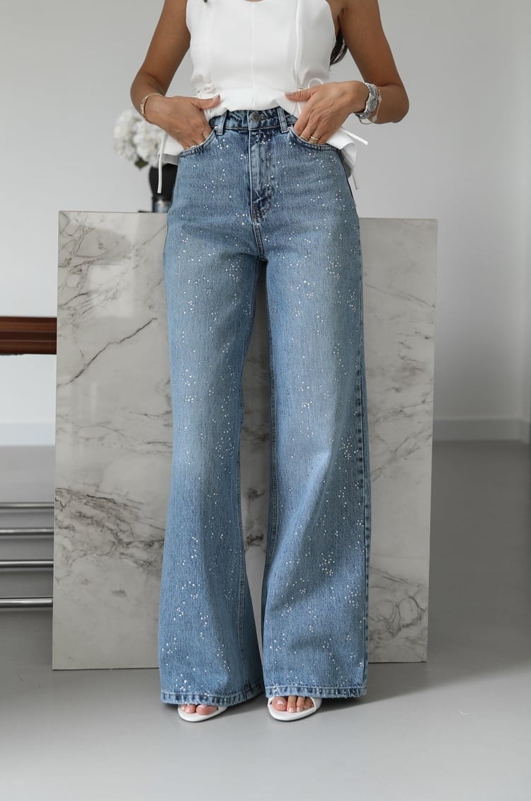 Mavi Dağınık Taşlı Wide Leg Jean