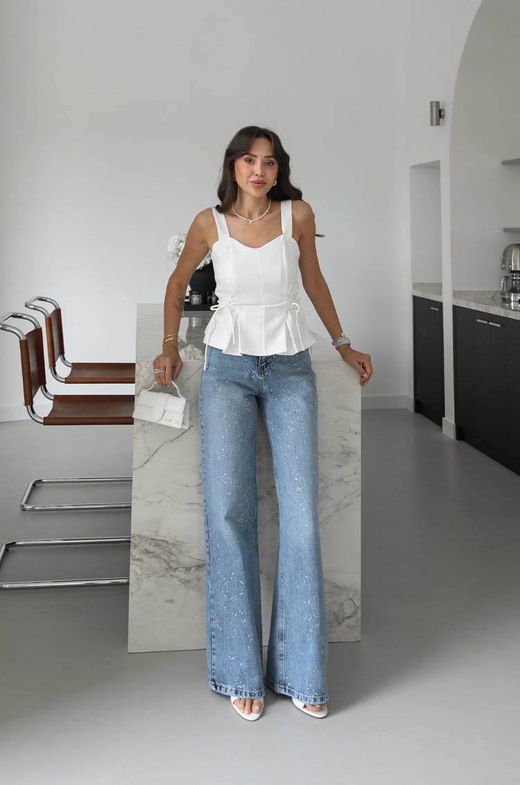 Mavi Dağınık Taşlı Wide Leg Jean
