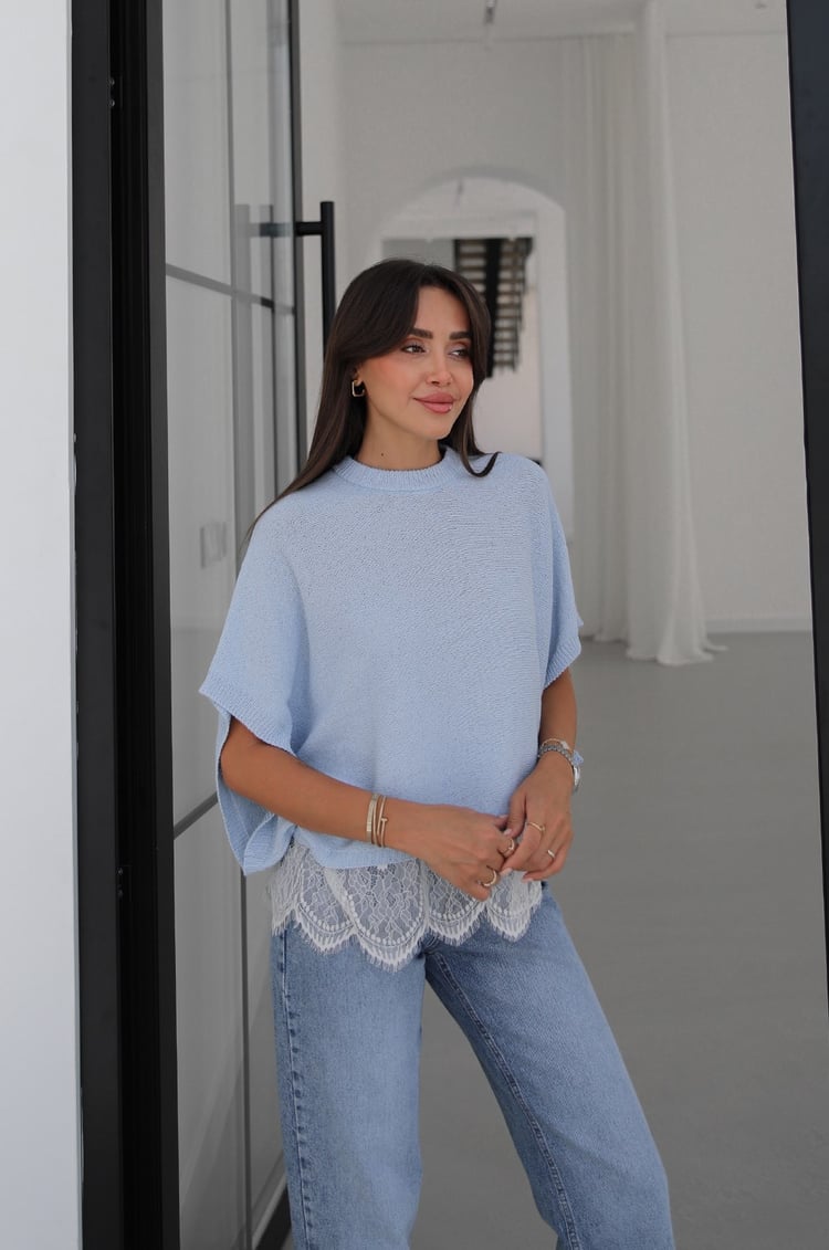 Mavi Dantel Detaylı Triko Bluz