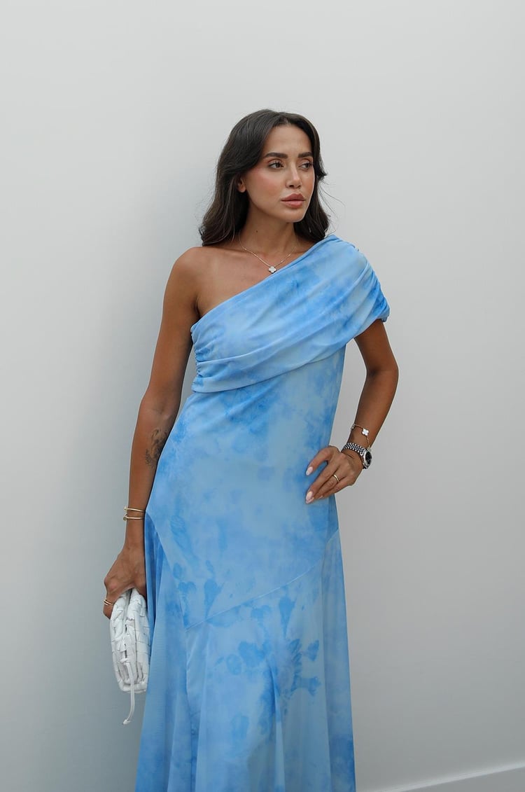 Mavi Desenli One Shoulder Şifon Elbise