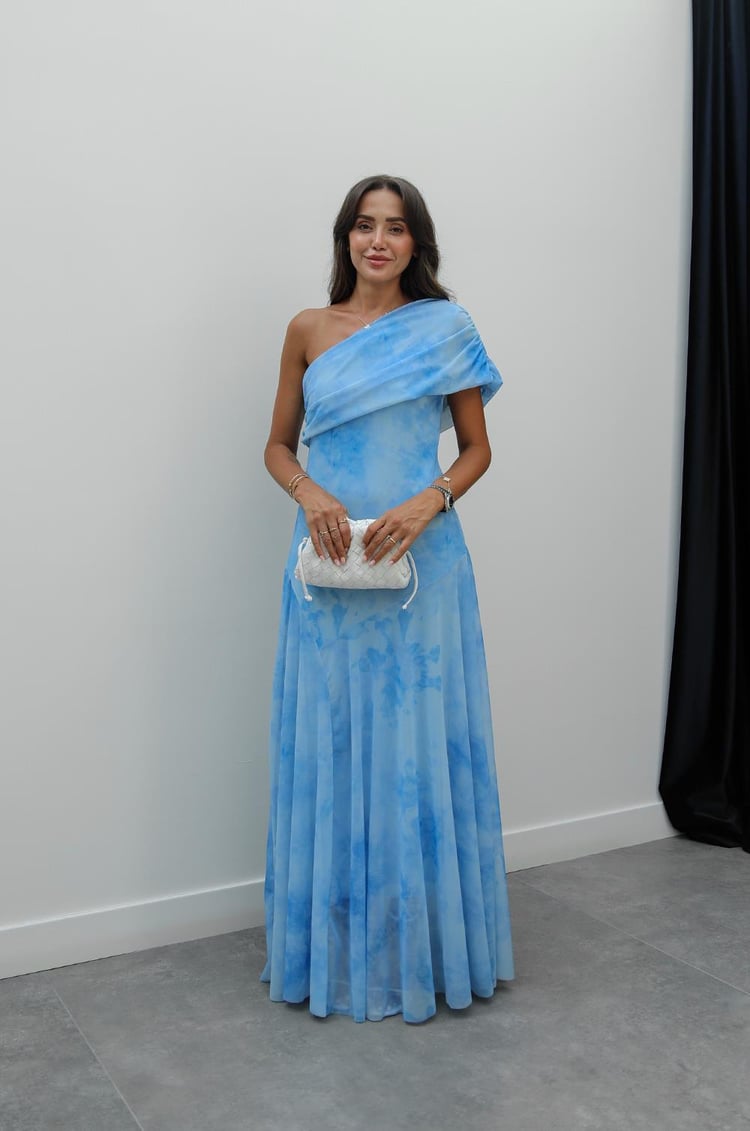 Mavi Desenli One Shoulder Şifon Elbise