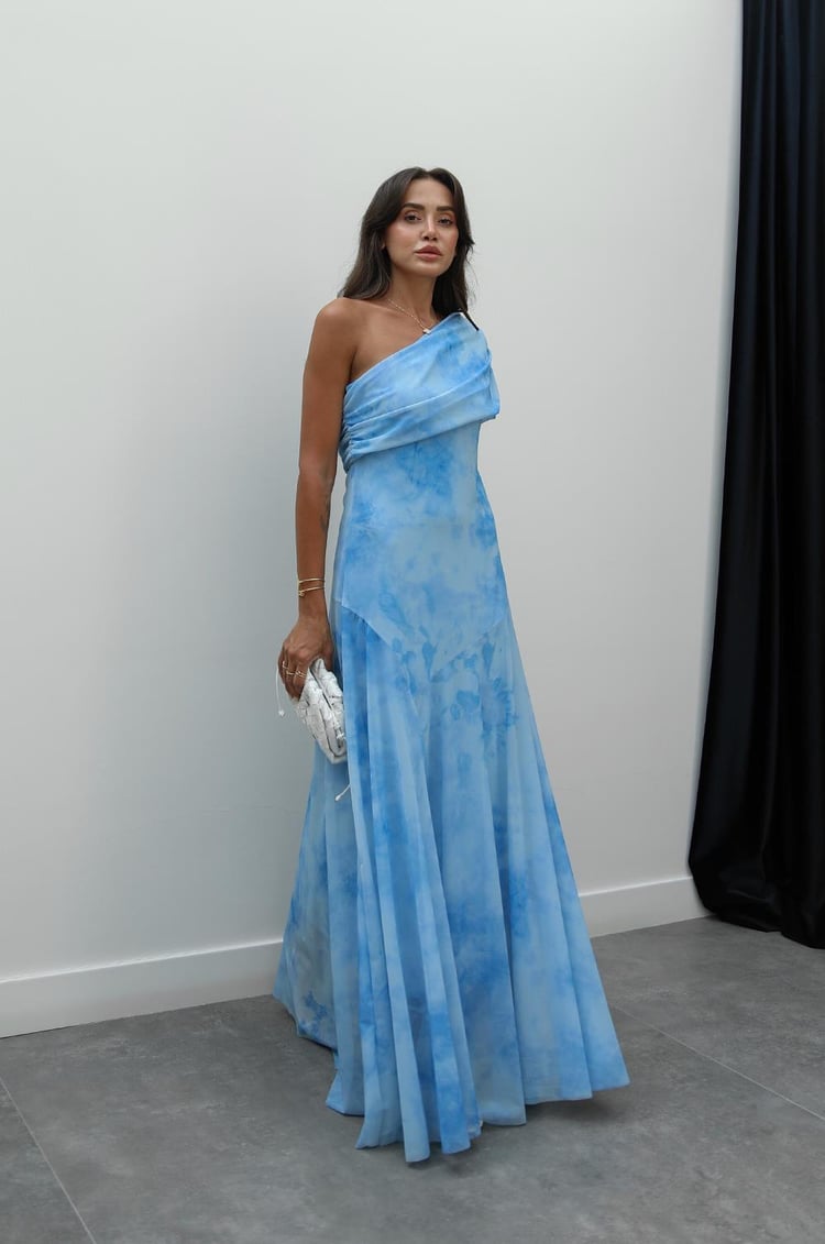Mavi Desenli One Shoulder Şifon Elbise