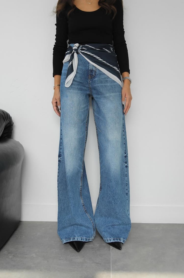 Mavi Fularlı Wide Leg Jean