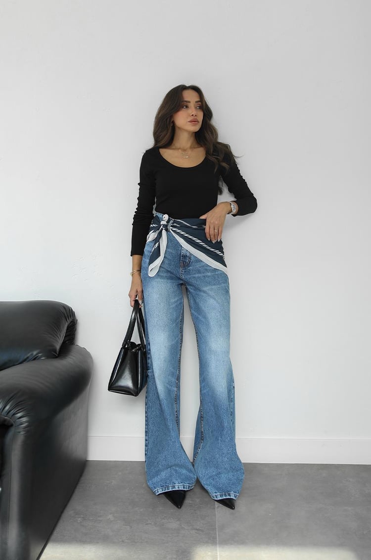 Mavi Fularlı Wide Leg Jean