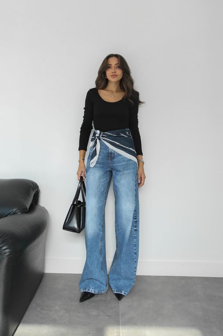 Mavi Fularlı Wide Leg Jean