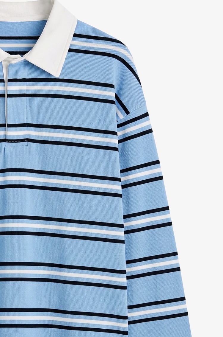 Mavi Gömlek Yakalı Çizgili İnce Sweatshirt