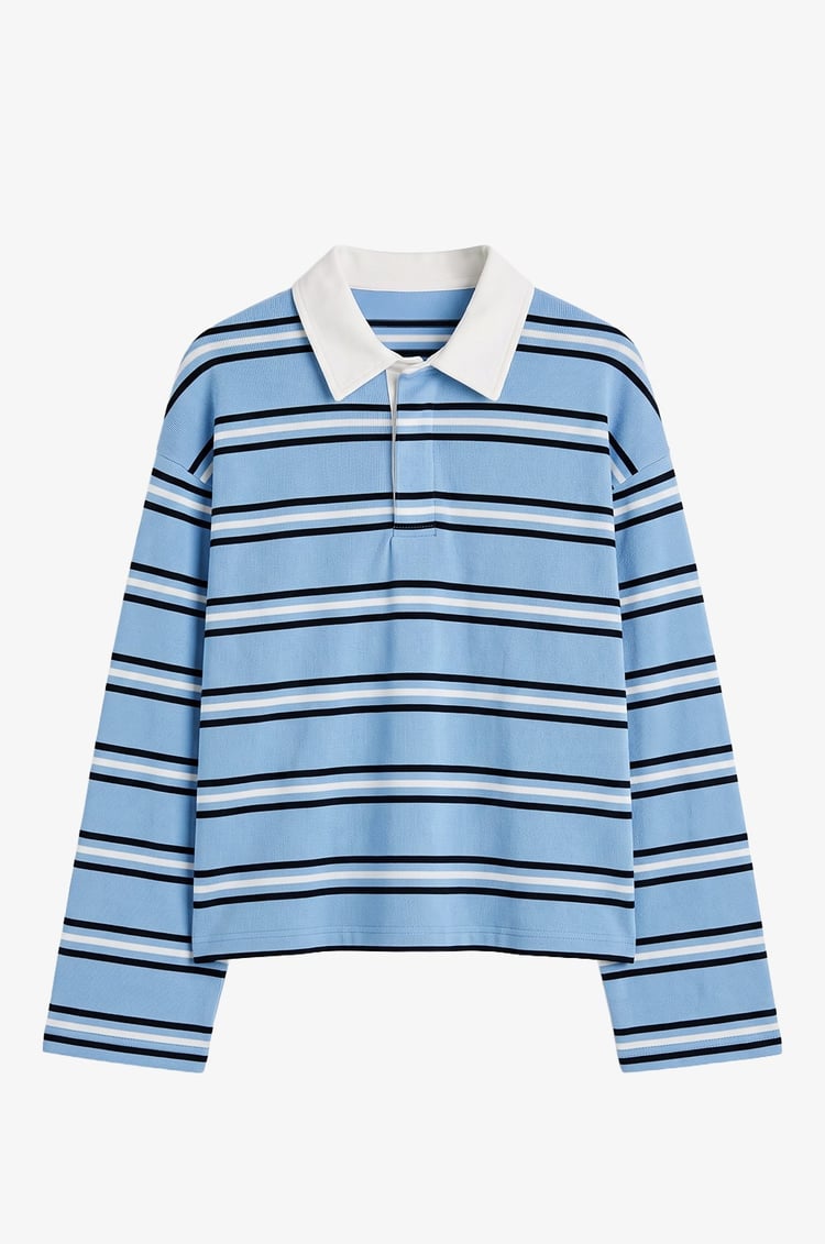Mavi Gömlek Yakalı Çizgili İnce Sweatshirt