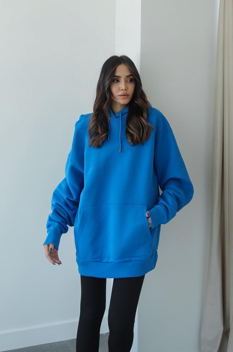 Mavi Kapüşonlu Uzun Kalın Sweatshirt