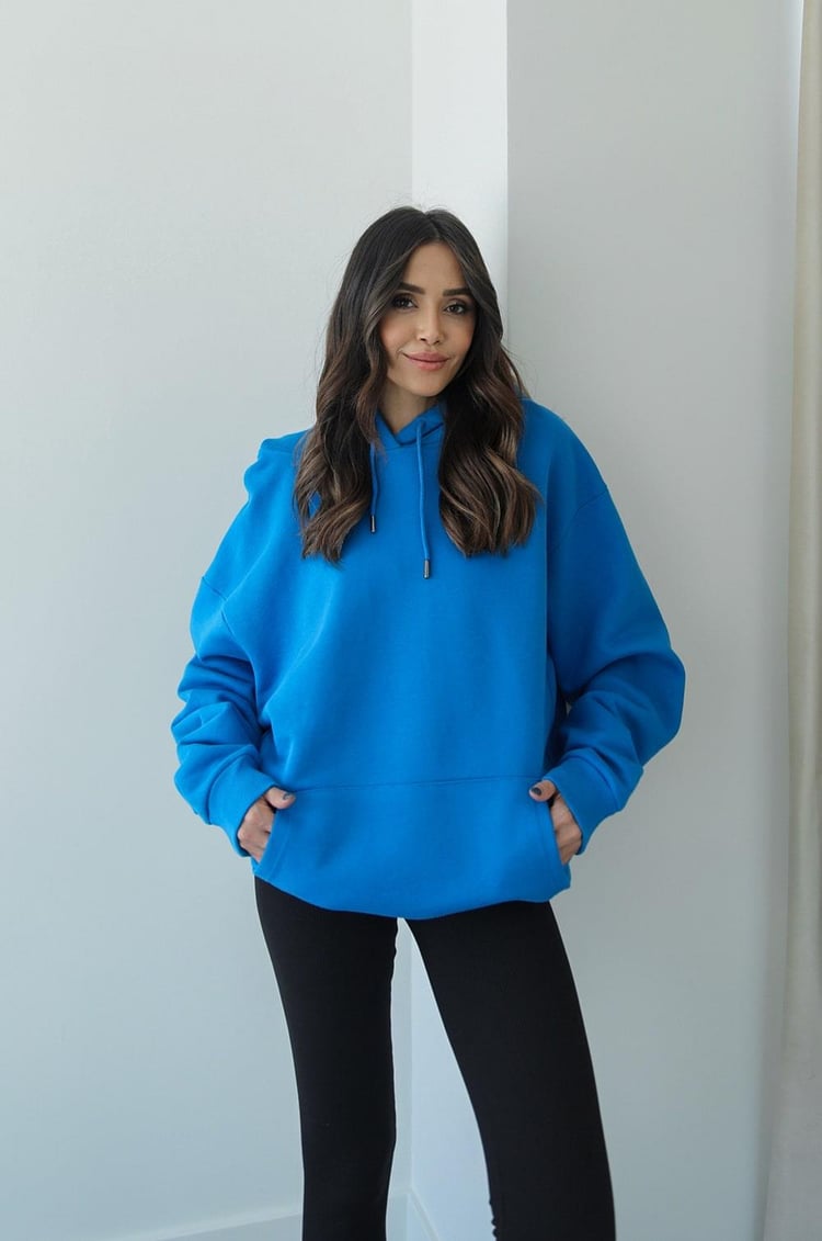 Mavi Kapüşonlu Uzun Kalın Sweatshirt
