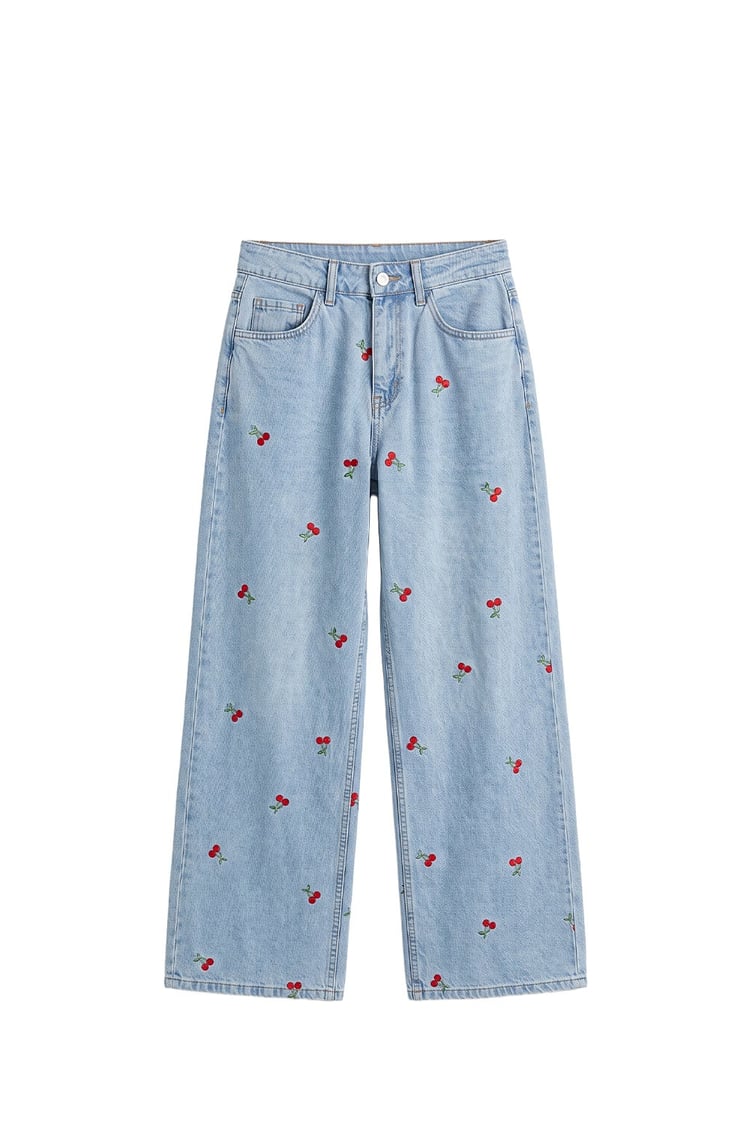 Mavi Kiraz İşlemeli Bluz Pantolon Denim Takım