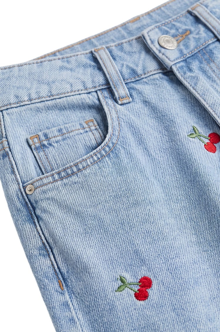 Mavi Kiraz İşlemeli Bluz Pantolon Denim Takım