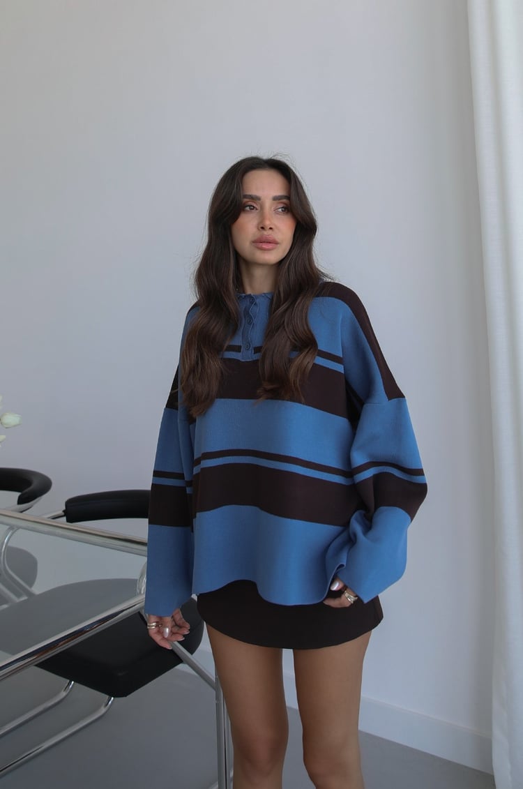 Mavi Kiva Çizgili Oversize Kazak
