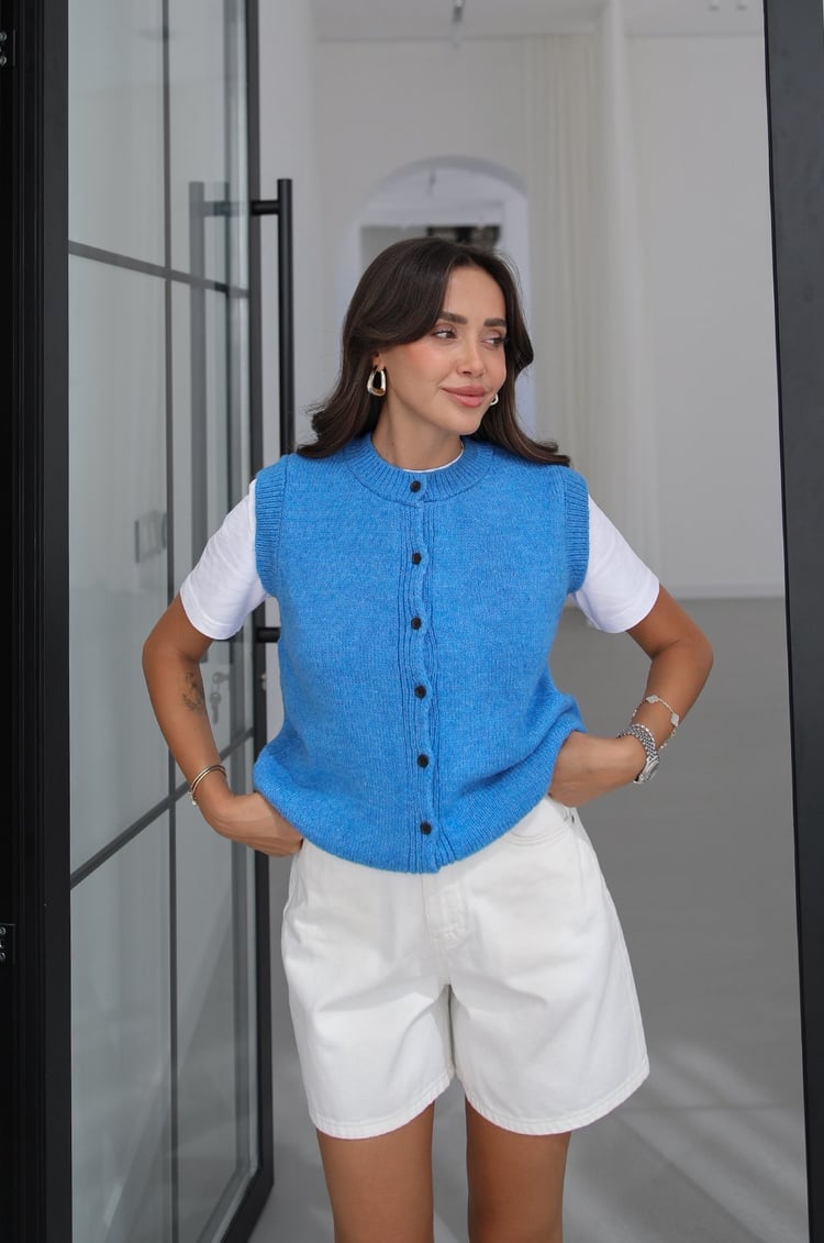 Mavi Lana Düğmeli Yelek