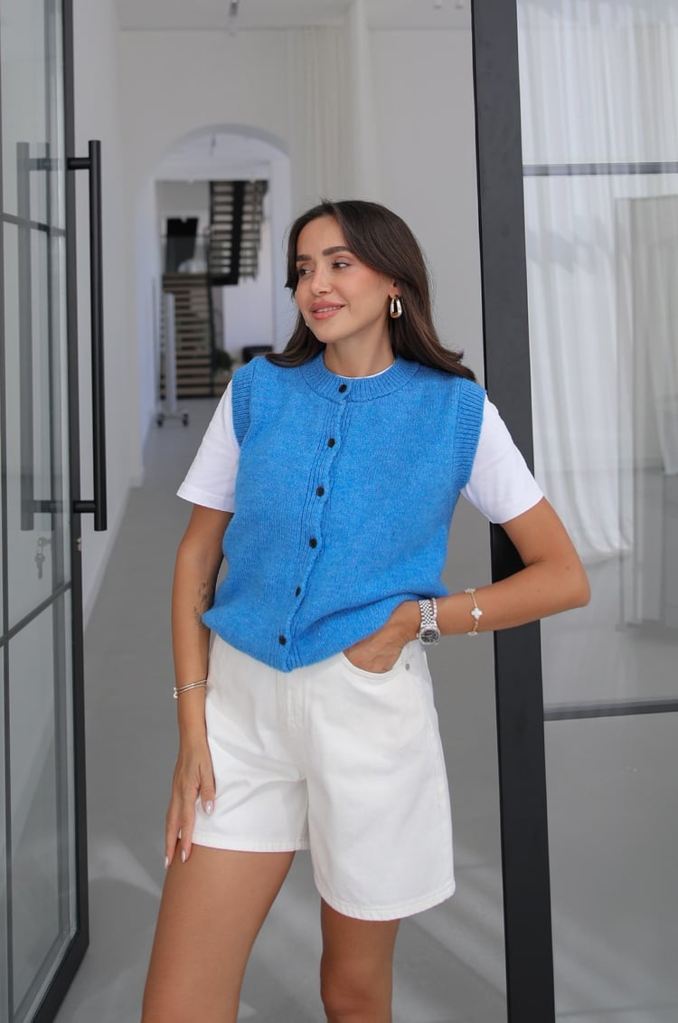 Mavi Lana Düğmeli Yelek