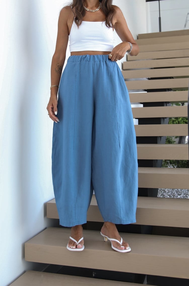 Mavi Linen Şalvar Pantolon
