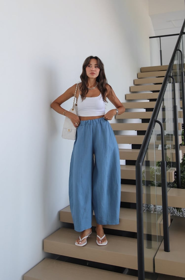 Mavi Linen Şalvar Pantolon