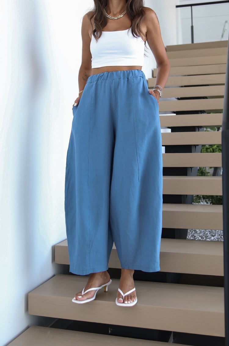 Mavi Linen Şalvar Pantolon