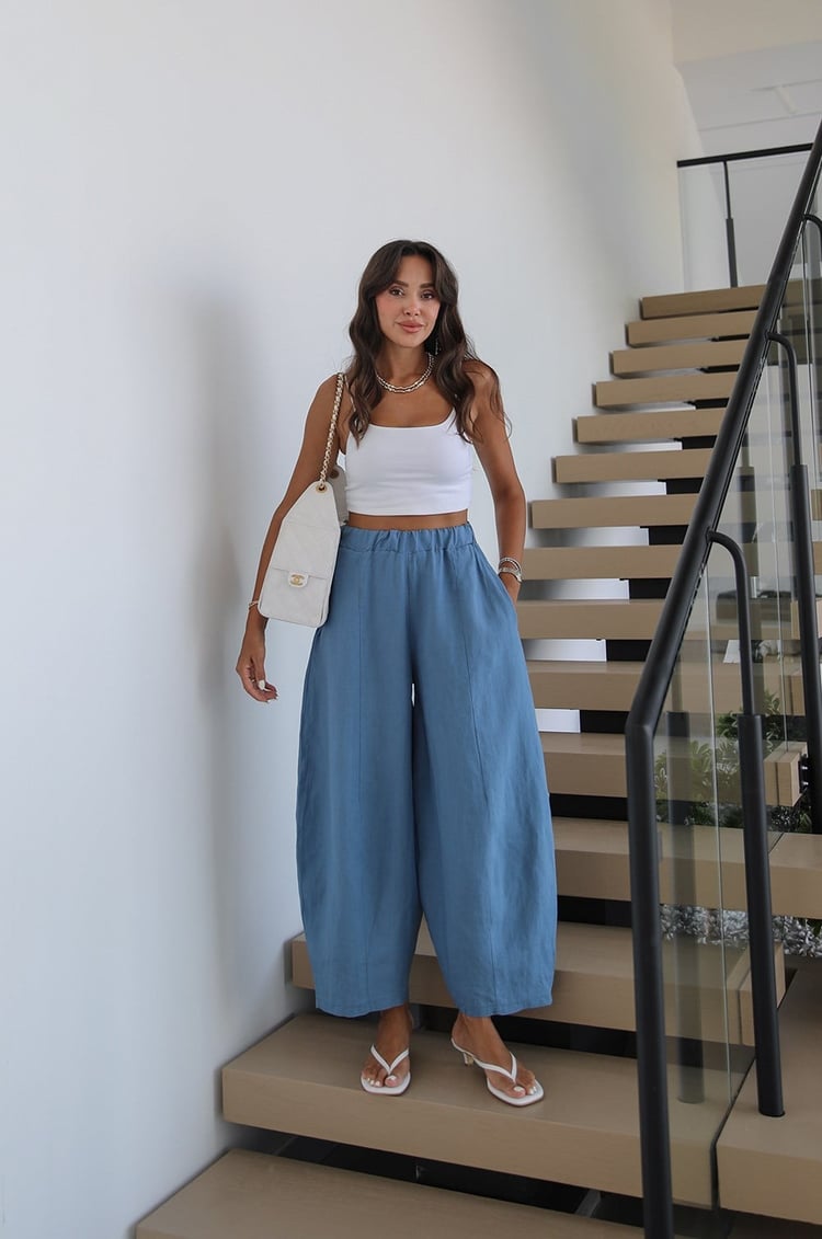Mavi Linen Şalvar Pantolon