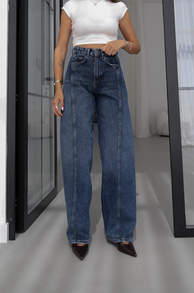 Mavi Önü Çimalı Yüksek Bel Wide Leg Jean