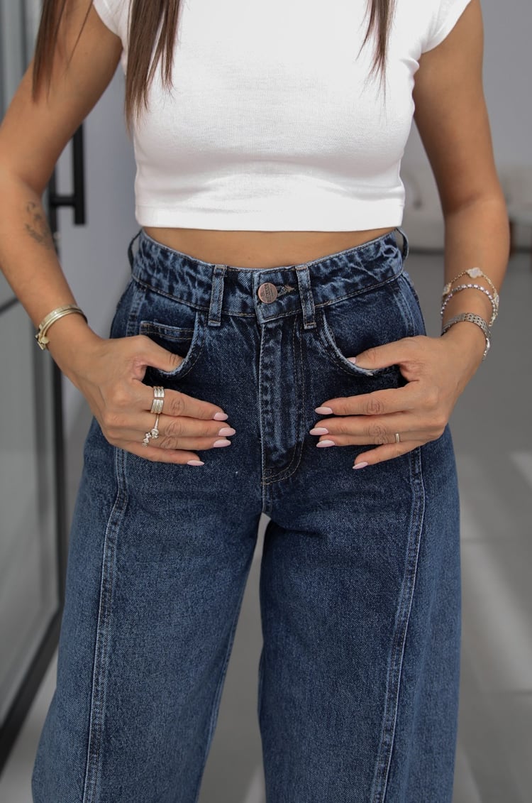 Mavi Önü Çimalı Yüksek Bel Wide Leg Jean