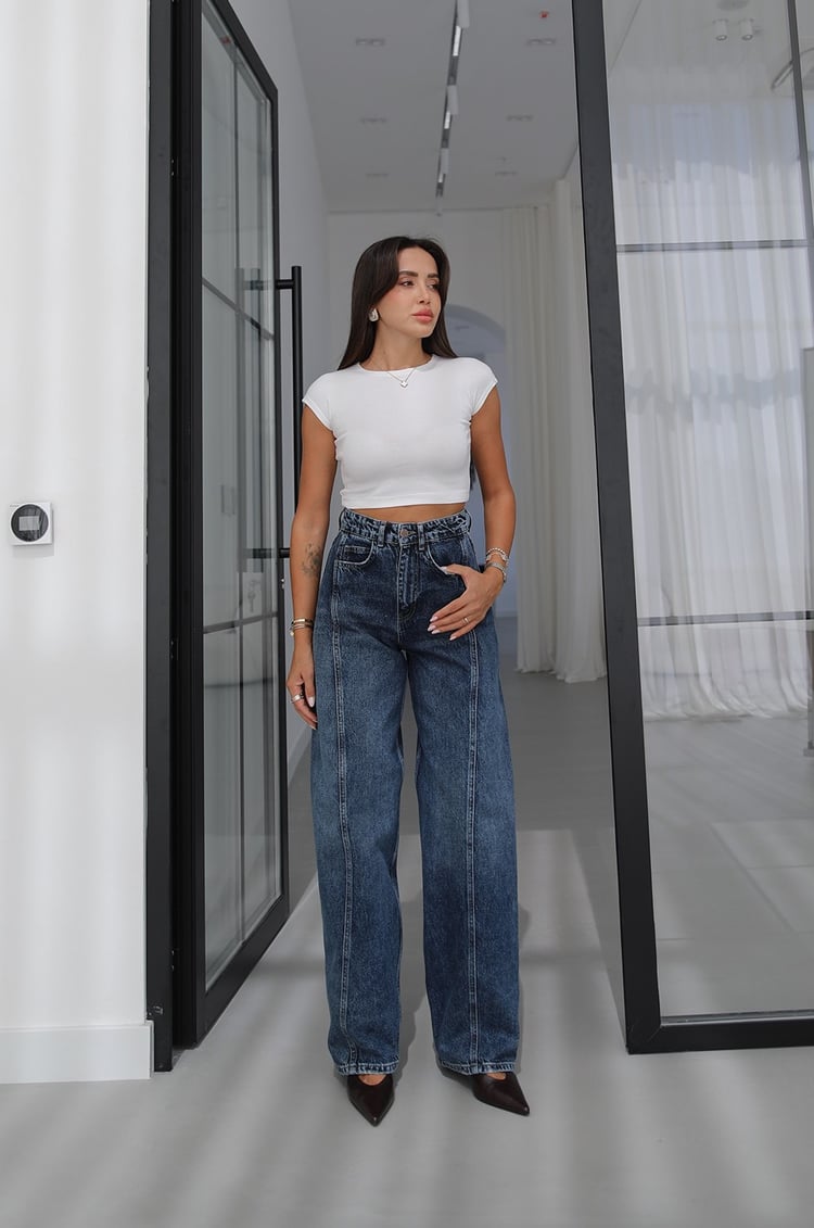 Mavi Önü Çimalı Yüksek Bel Wide Leg Jean